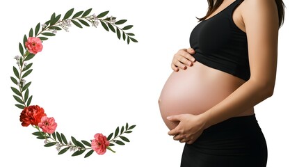 Beautiful smile pregnant mom, flower and leaves, isolated on a white background, copy space for text; concept of health care pregnancy, Mother's Day