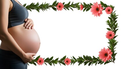 Beautiful smile pregnant mom, flower and leaves, isolated on a white background, copy space for text; concept of health care pregnancy, Mother's Day