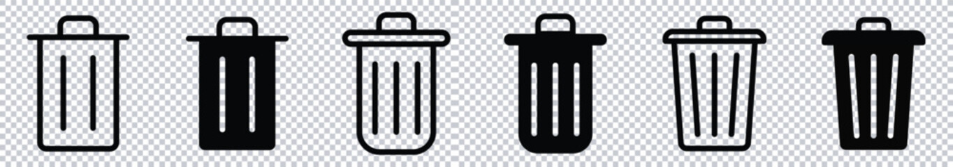 Trash Bin Icons Set — Minimalist Garbage Can Symbols in Various Fill Styles.