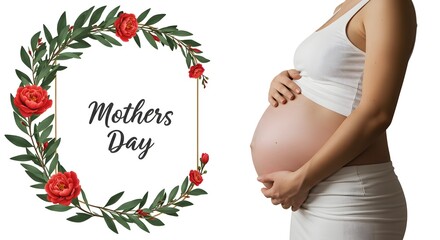 Beautiful smile pregnant mom, flower and leaves, isolated on a white background, copy space for text; concept of health care pregnancy, Mother's Day