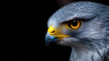 Naklejka premium Close-up of a falcon's head, focused on sharp details and intense gaze