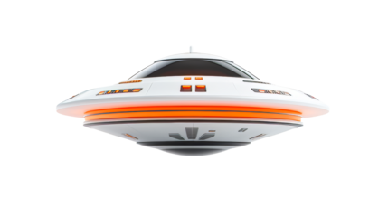 White UFO, Flying Saucer with Orange Lights, isolated, cut out transparent