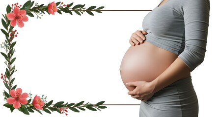 Beautiful smile pregnant mom, flower and leaves, isolated on a white background, copy space for text; concept of health care pregnancy, Mother's Day