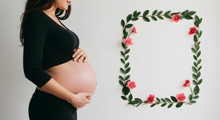 Beautiful smile pregnant mom, flower and leaves, isolated on a white background, copy space for text; concept of health care pregnancy, Mother's Day