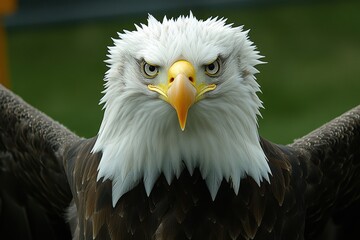 Obraz premium A majestic eagle soaring gracefully against a clear blue sky, showcasing its impressive wingspan and powerful flight.