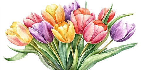 Fototapeta premium A bouquet of tulip illustration, with pink, yellow, and purple tulip flowers, paired with green leaves, on a pure white background