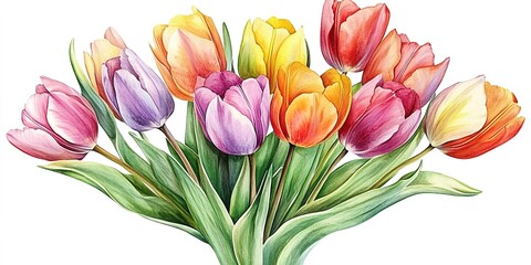 Obraz premium A bouquet of tulip illustration, with pink, yellow, and purple tulip flowers, paired with green leaves, on a pure white background