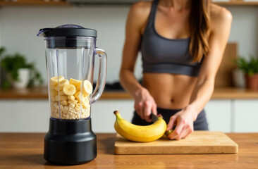 Woman making oatmeal and banana smoothie in blender. Woman in crop top cooking healthy breakfast. Healthy eating.