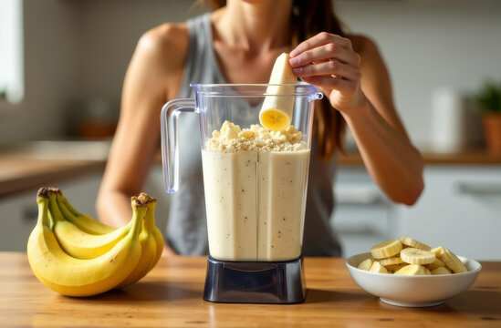 Woman making oatmeal and banana smoothie in blender. Woman in crop top cooking healthy breakfast. Healthy eating.