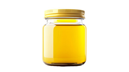 Golden liquid inside a glass jar with yellow lid, cut out transparent