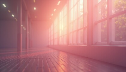 Minimalistic interior with warm sunlight streaming through windows  