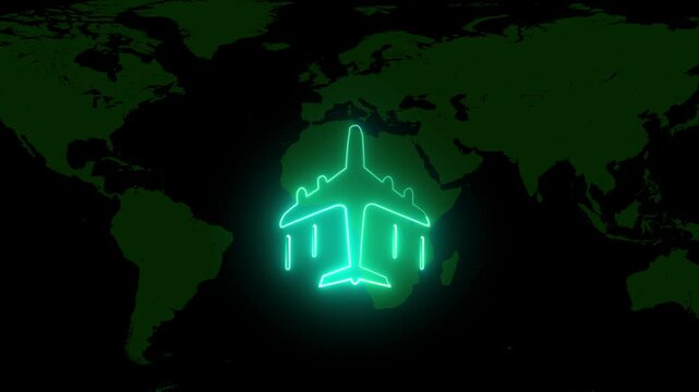 Airport sign icon design with neon effect. Neon zet plane fighter reactive pursuit military.A glowing neon outline of an airplane on world map  background.