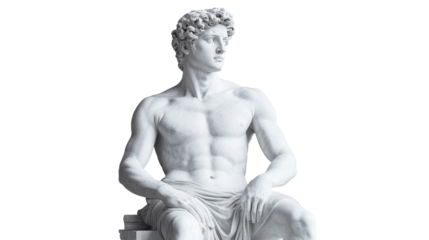 Sculpture of a nude man with curly hair looking left, cut out transparent