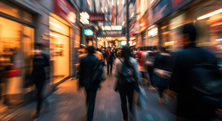 Naklejka premium A motion blur captures a diverse crowd walking on a bustling city sidewalk in the afternoon Tall buildings with glowing signs in warm orange and red hues dominate the scene