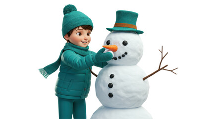 Isolated Boy Building a Snowman