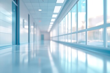 Empty hospital hallway, bright, modern