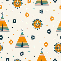 Hand-drawn cute seamless pattern with teepee tents. Background with traditional native conical tents. Wallpaper with native american ornaments and elements. Wigwam backdrop for textile or paper © Tanya