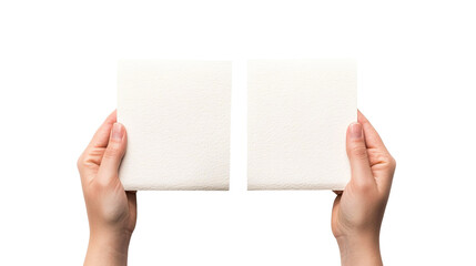 Hands holding two blank square cards, isolated, cut out transparent