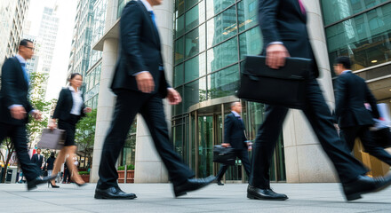 Obraz premium A crowd of workers in formal attire moves rapidly outside glass office structures Motion blur conveys haste Cool blue and gray shades define this corporate urban background