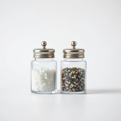 Close-up of salt and pepper shakers on pristine white, top view, food