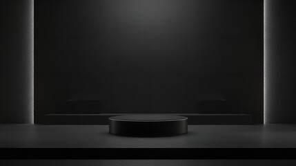 Fototapeta premium An elegant display scene with a dark stone podium positioned on a seamless dark wall, designed for product presentation in a clean, minimalistic style