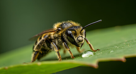 Detailed close up of a sweat bee perched on a vivid green leaf surface