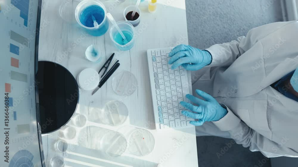 Aufkleber A dedicated scientist in a lab coat and gloves types on a computer, surrounded by lab equipment like petri dishes and solutions, analyzing complex data on a monitor for research and experiments