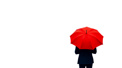 Person holding red umbrella on black backdrop, cut out transparent