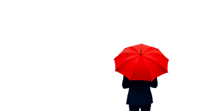 Person holding red umbrella on black backdrop, cut out transparent