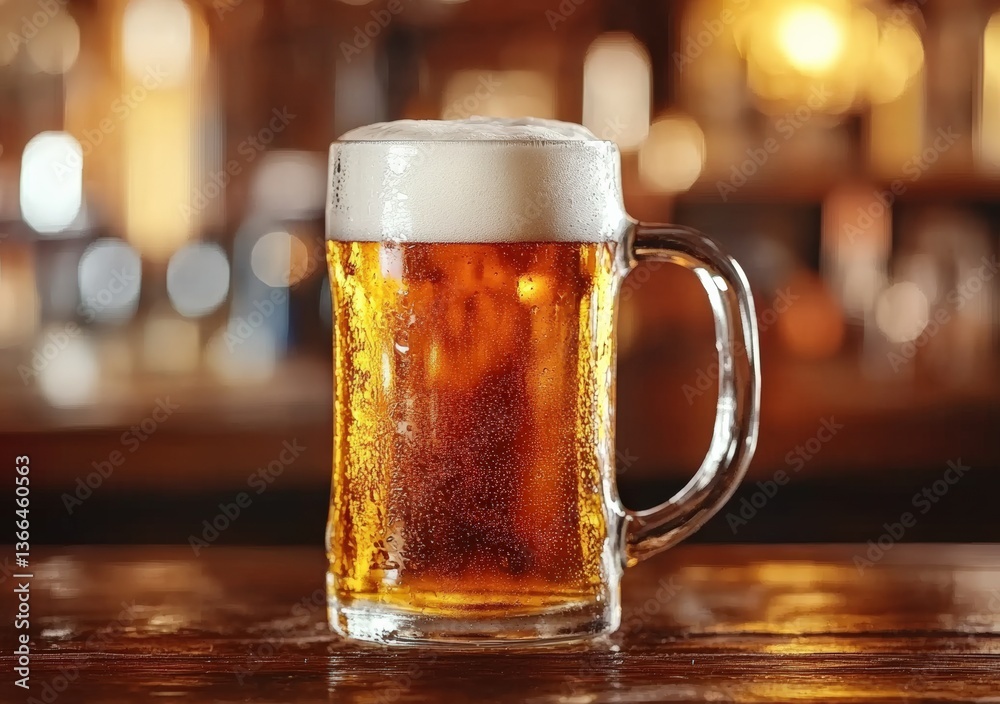 Poster Refreshing mug of beer standing on bar counter in pub