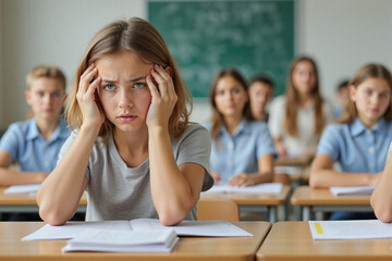Stressed student feels pressure during exam in classroom setting  