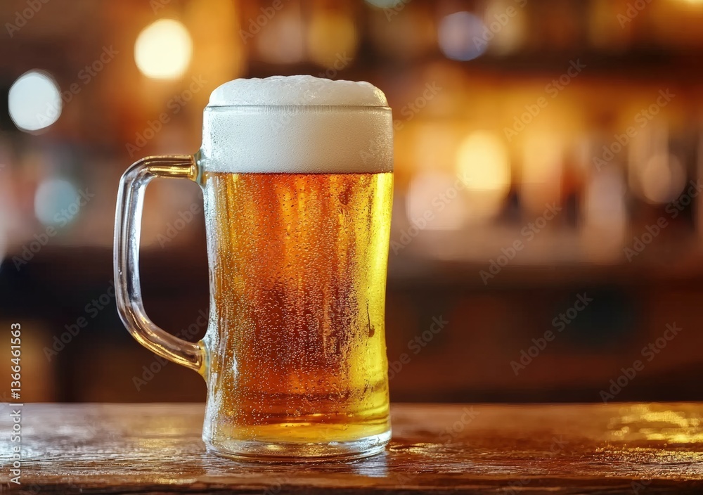 Poster refreshing beer standing on wooden bar counter in blurred pub background