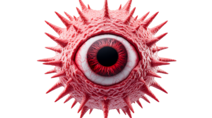 Red spiked monster eye, eyeball, pupil, retina close up, cut out transparent