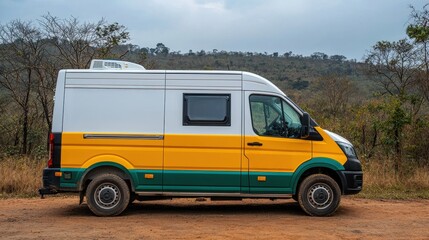 A brightly colored camper van parked on a dirt road, surrounded by sparse vegetation and hills under a cloudy sky.