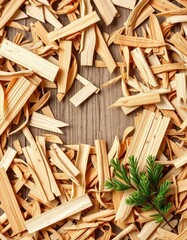 Light brown pine wood shavings on rustic pine background , craft, shavings, pine wood texture