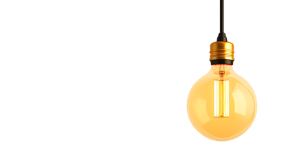 Hanging decorative glowing lightbulb on black background, cut out transparent