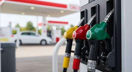 Gas Station Fuel Pumps with Colorful Handles and Blurry Background of Cars and Gas Station Canopy