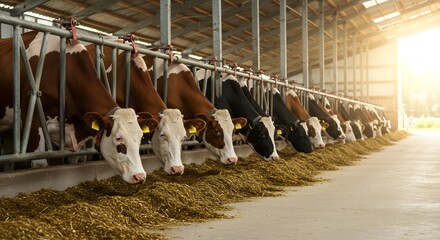 Dairy Cows in Modern Barn Feeding on Hay, Agricultural Farming, Livestock, Rural Scene, Agriculture Industry, Cattle, Farming, Animal Husbandry