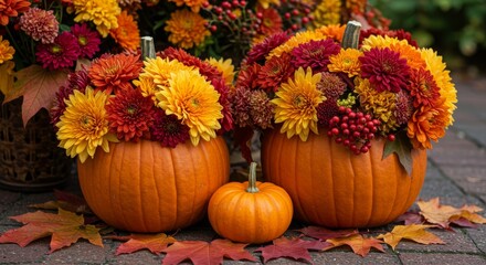 Autumn Pumpkin and Flower Arrangement