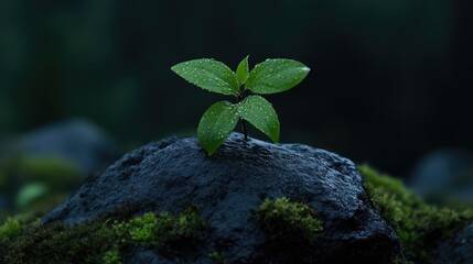 Tiny sprout emerging from a dark rock, amidst lush greenery