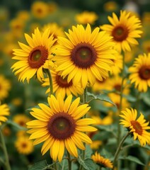 Obraz premium Vibrant yellow wild sunflowers in full bloom, blurred background, flora, colorful