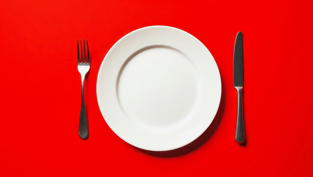 Empty diet plate with fork and knife set on red background