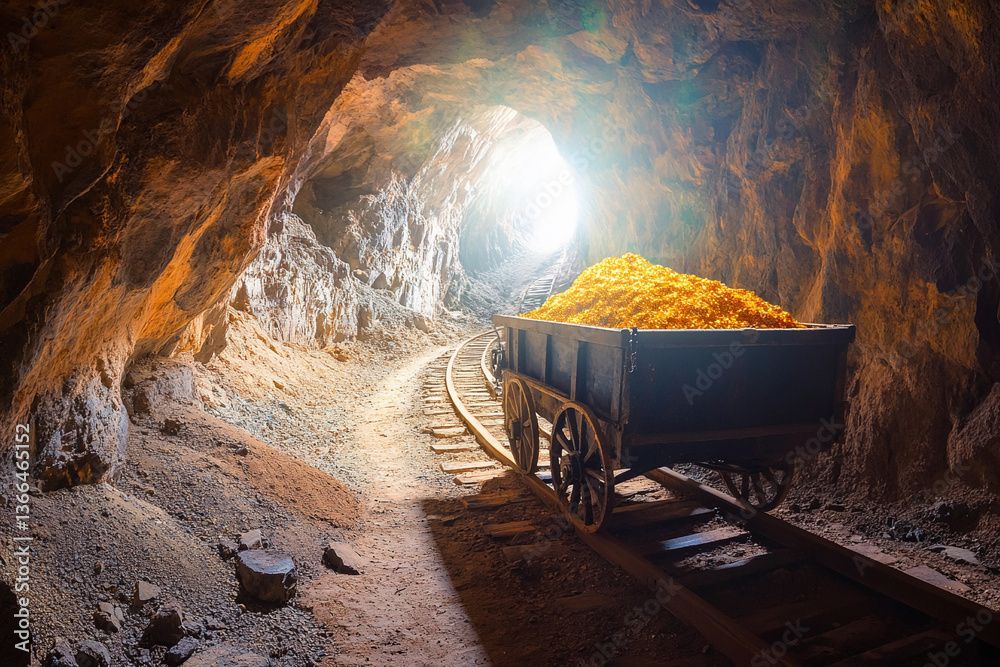 Poster golden treasure cart full of riches in a mining tunnel generative ai