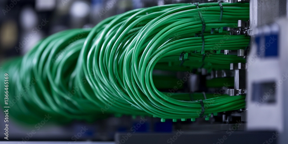Poster green cables arranged in an industrial workspace environment generative ai