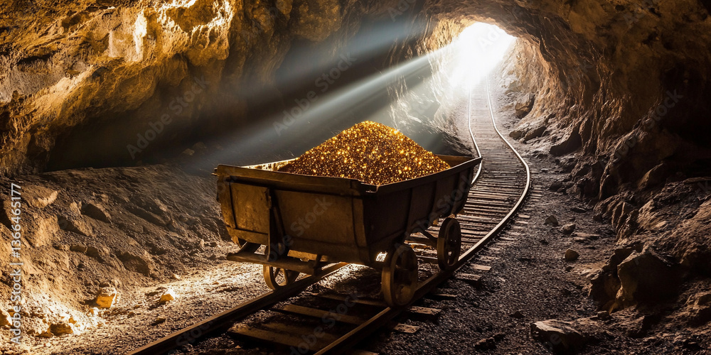 Poster Golden treasure cart rolling through a dark mining tunnel Generative AI