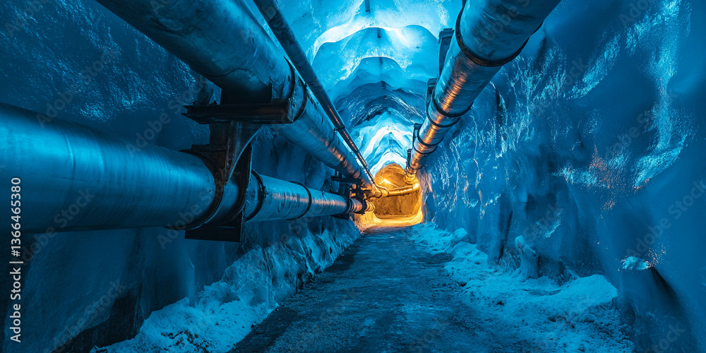 Poster Illuminated ice cave with pipeline in a frozen environment Generative AI