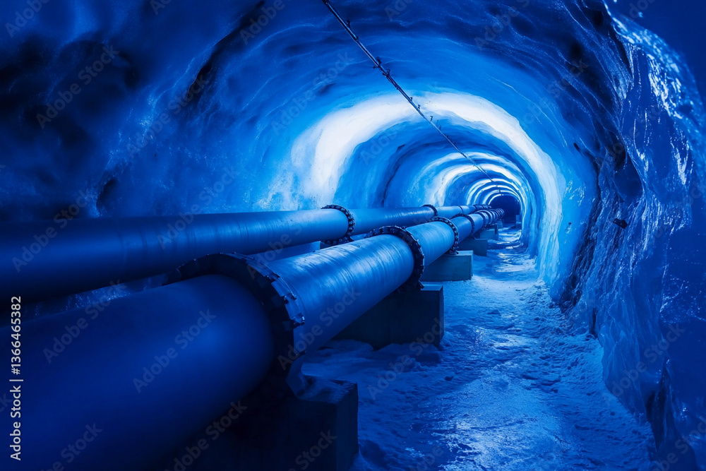 Poster Illuminated industrial pipeline inside an ice cave Generative AI