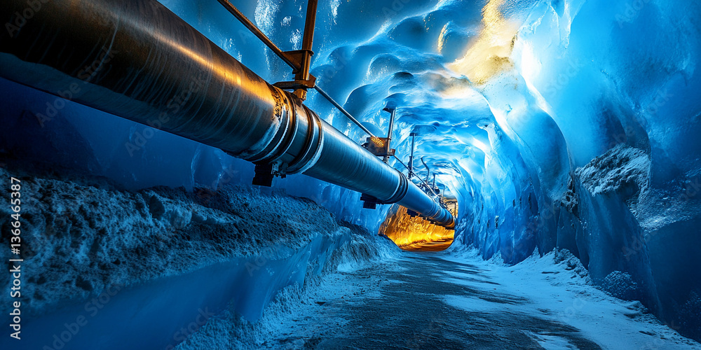 Poster Illuminated pipeline in an ice cave setting Generative AI