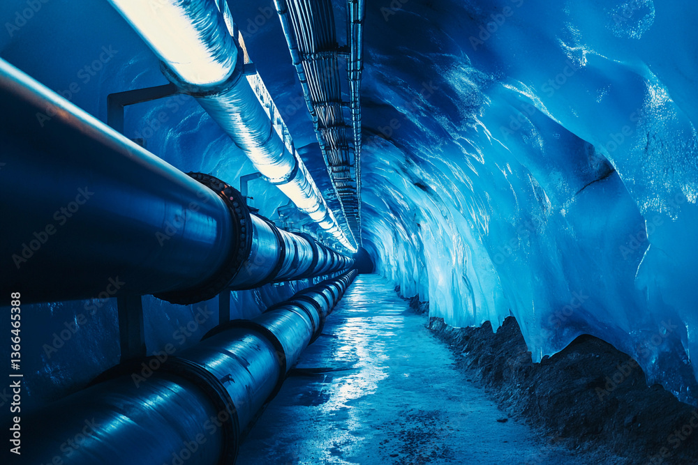 Poster Illuminated ice cave pipeline stretches into the distance Generative AI