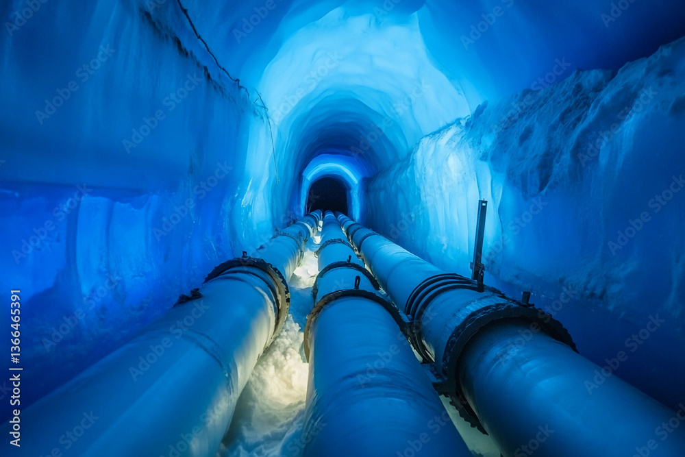 Poster Illuminated pipeline running through blue ice cave Generative AI